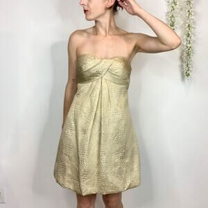 VINTAGE CACHE strapless gold brocade dress bubble hem y2k holiday198